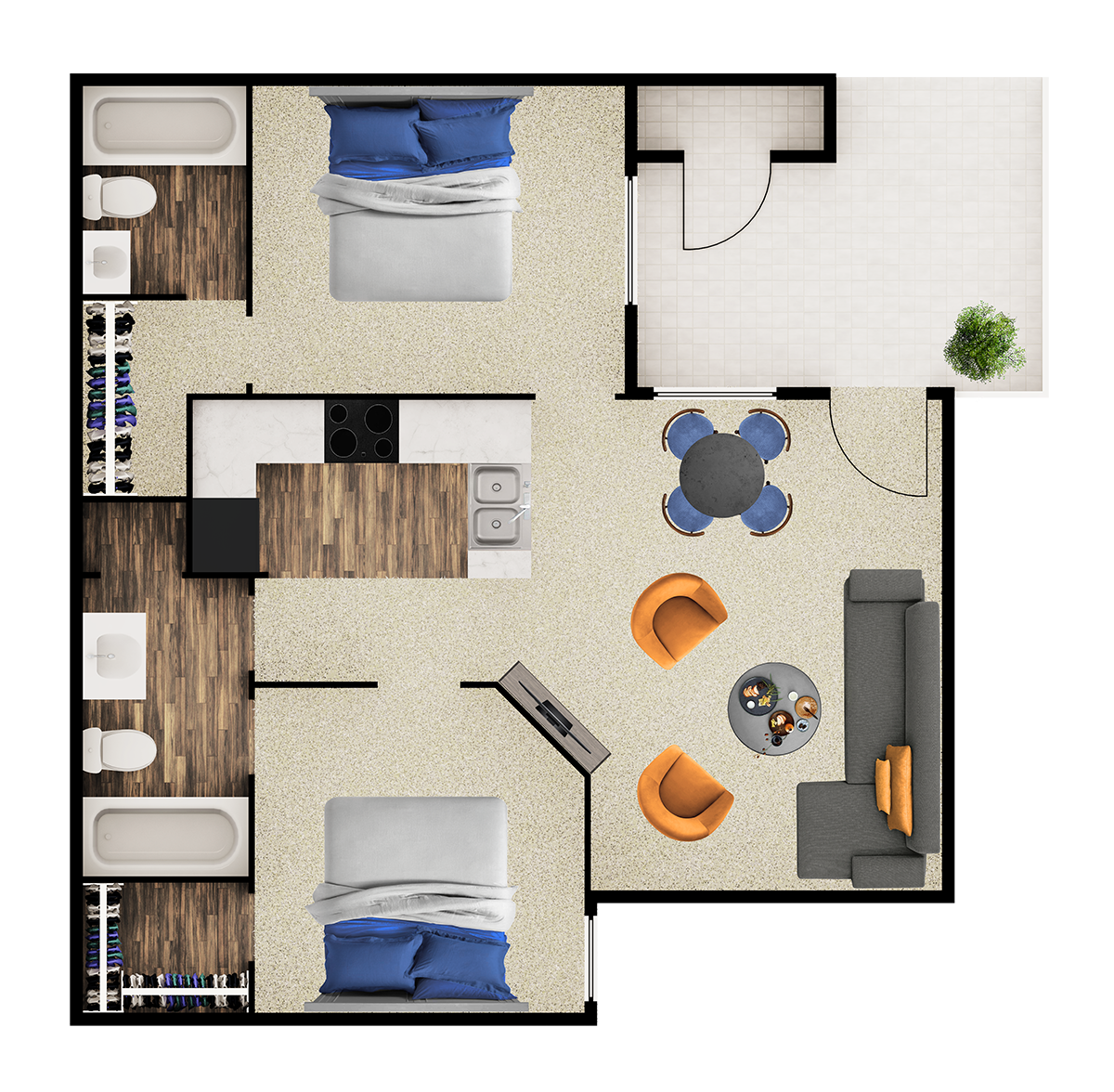 Floor plan for 2 beds, 2 baths, 728 sqft
